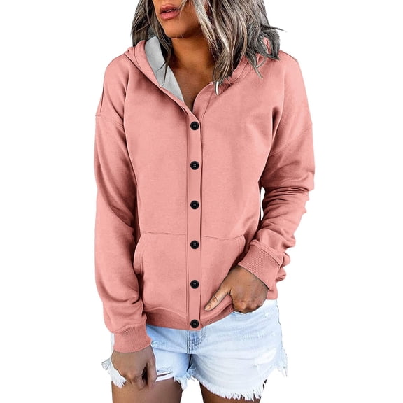 Duoif Women's Hoodies, Women's Long Sleeve Cardigan - Casual Button Pocket Design Womens Sweatshirt Pink S