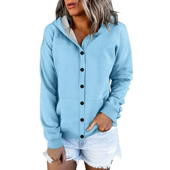 Duoif Women's Hoodies, Women's Long Sleeve Cardigan - Casual Button Pocket Design Womens Sweatshirt Sky Blue S