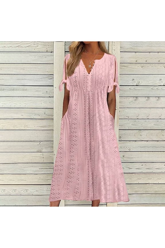 Women's Solid Color Fashionable Casual V Neck Short Sleeve Hollow Out Dress Summer Cotton Linen Blend Daily Wear Mini Dress for Women, Pink, S