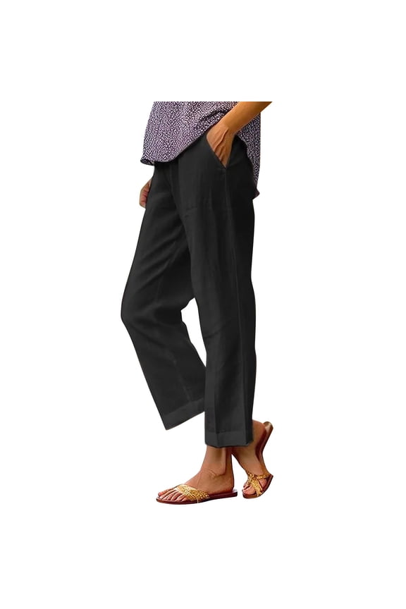 Women's Straight Pants Elastic Waist Casual Trousers Pants with Pockets, Black, L