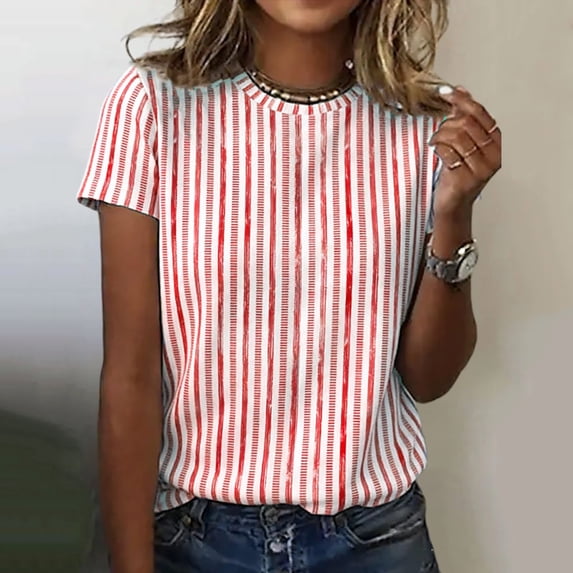 Duoif Women's Striped Round Neck Short Sleeve T Shirt Casual Loose Top Spring Summer 2026, Pink, XXL