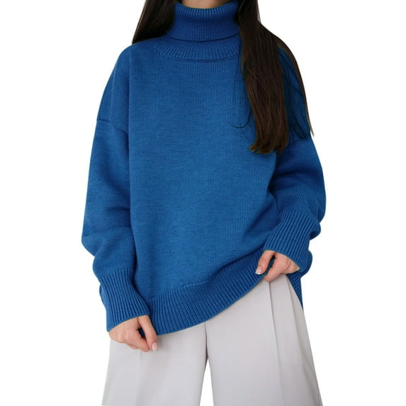 Duoif Women's Sweaters Women's Autumn and Winter New Neck Loose Versatile Solid Color Pullover Sweaters for Women Blue S