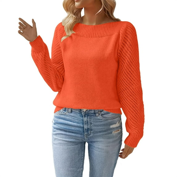 Duoif Women's Sweaters Women's Fall Solid Color Sweater - Puff Sleeve Knitted Jumper Sweaters for Women Orange S