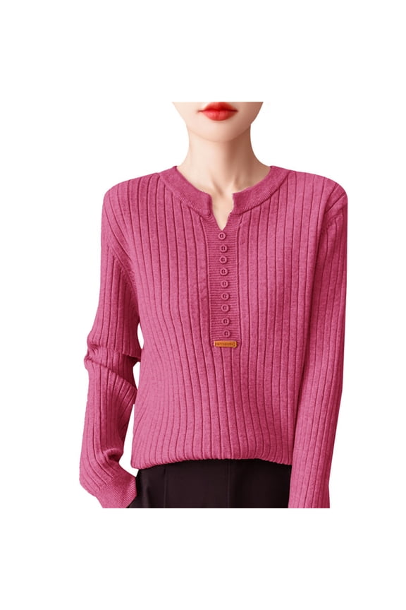 Women's Sweaters, Women's Ribbed Knit Pullover - Crew/V-Neck with Button Detail Sweaters for Women Hot Pink M