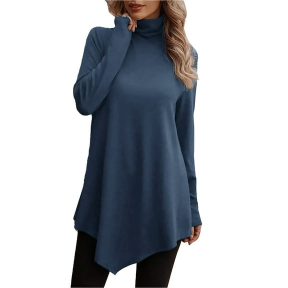 Duoif Women's Tops Solid Color Turtleneck Long Sleeve T Shirt Women's Casual Loose Large Size Solid Color Knit Sweatshirt Tshirts Shirts for Women Blue M