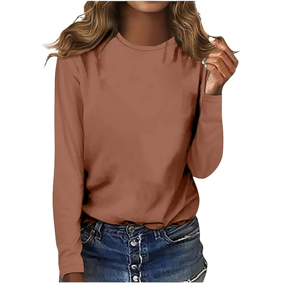 Duoif Women's Tops Women's Round Neck Long Sleeve Top Solid Color Casual T Shirt Tshirts Shirts for Women Khaki XXL