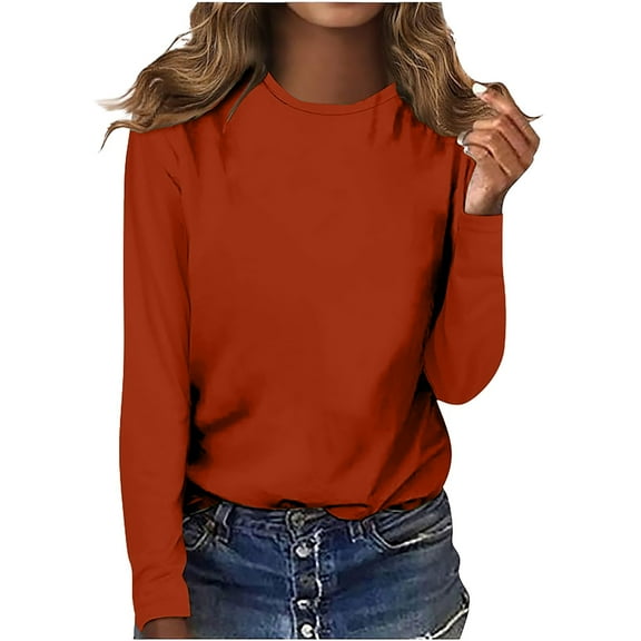 Duoif Women's Tops Women's Round Neck Long Sleeve Top Solid Color Casual T Shirt Tshirts Shirts for Women Red L