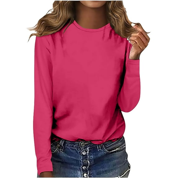Duoif Women's Tops Women's Round Neck Long Sleeve Top Solid Color Casual T Shirt Tshirts Shirts for Women Watermelon Red L