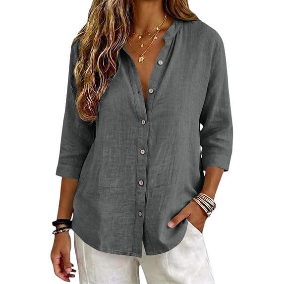 Duoif Women's V Neck Button 3/4 Sleeve Linen Blouse Loose Fit Solid Color Summer Top 2026, Dark Gray, XXL