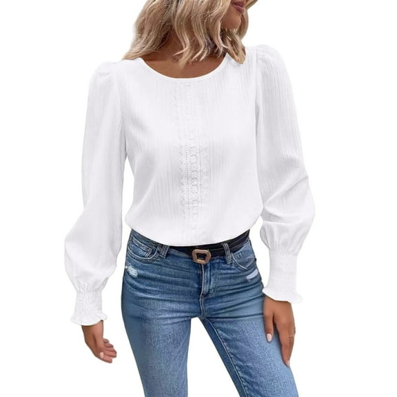 Duoif Womens Blouses, Women's Crewneck Sweatshirt with Puff Sleeves - Lightweight Top Womens Tops White S