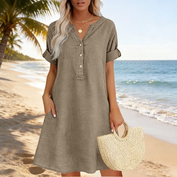 Duoif Womens Cotton Shirt Dress Summer Casual Short Sleeve Button down Shirt Dresses for Women 2026 Beach Cover up Shirts with Pockets, Khaki, M