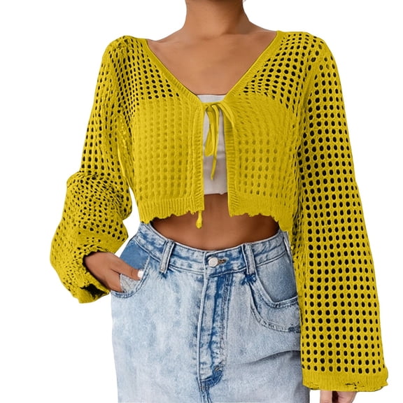 Duoif Womens Fall Tops, Women's Tie Front Crochet Lightweight Long Sleeve Cardigan Sweaters Beach Hollow Out Lace Cover up Womens Sweaters Womens Tops Yellow XXL