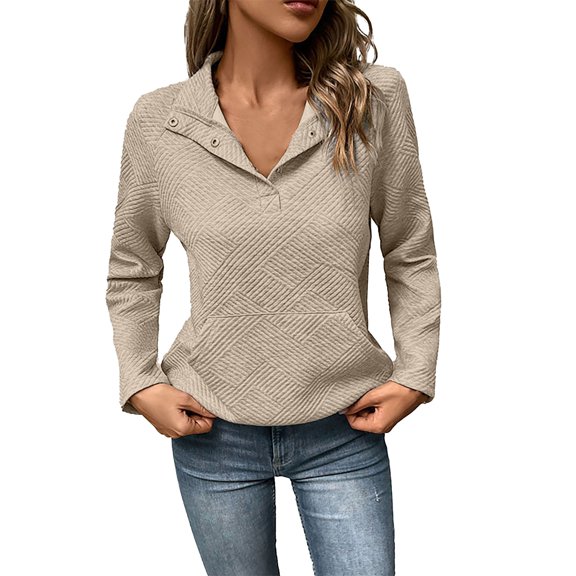 Duoif Womens Fall Tops, Womens Sweatshirt Casual Textured Long Sleeve Button V Neck Loose Pullover 2025 Trendy Fall Outfits Tops Sweatshirt for Women Beige S