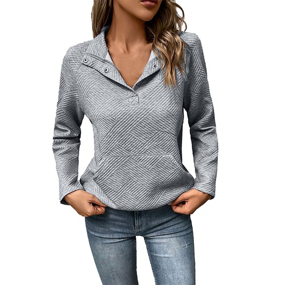 Duoif Womens Fall Tops, Womens Sweatshirt Casual Textured Long Sleeve Button V Neck Loose Pullover 2025 Trendy Fall Outfits Tops Sweatshirt for Women Grey1 S