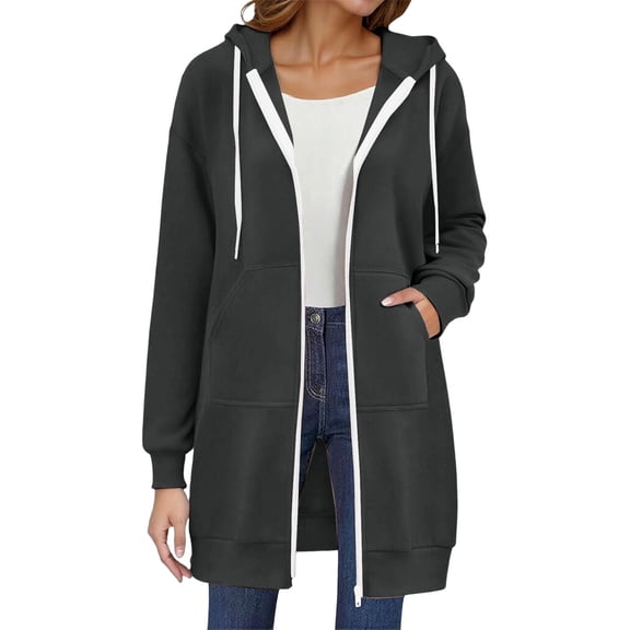 Duoif Womens Hoodies Pullover, Ladies' Mid Length Hooded Sweatshirt Coat - Autumn/Winter Casual Womens Sweatshirt Dark Gray XXL