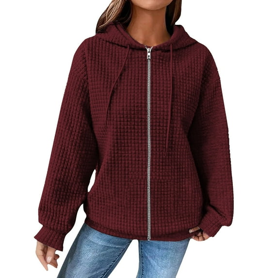 Duoif Womens Jacket, Ladies' Fashionable Casual Autumn and Winter Solid Color Loose Hooded Jackets for Women Wine XXXXXL