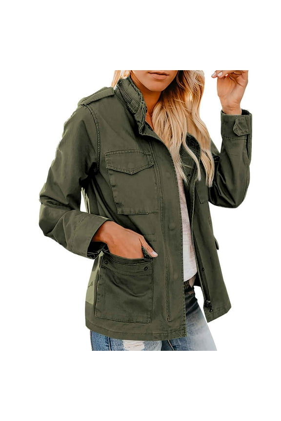 Womens Jacket Ladies Utility Jacket Stand up Collar Parka Lightweight with Multiple Pockets Autumn Jackets for Women Green M