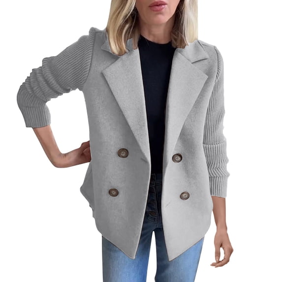 Duoif Womens Jacket, Women's Lapel Knitted Patchwork Sleeve Casual Coat Cropped Double Breasted Suit Sweater Jackets for Women Grey L