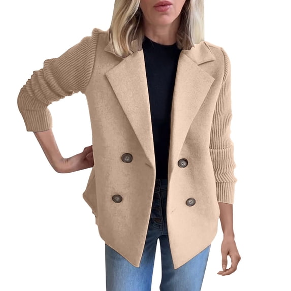 Duoif Womens Jacket, Women's Lapel Knitted Patchwork Sleeve Casual Coat Cropped Double Breasted Suit Sweater Jackets for Women Khaki XXL
