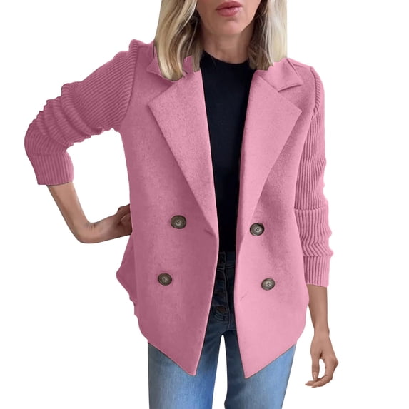 Duoif Womens Jacket, Women's Lapel Knitted Patchwork Sleeve Casual Coat Cropped Double Breasted Suit Sweater Jackets for Women Pink XXXXL