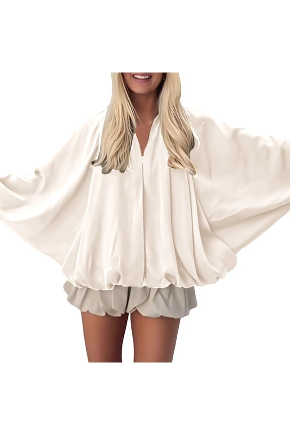 Womens Jacket, Women's Puffed Jacket Oversized Streetwear Casual Batwing Sleeve Lapel Collar Zip Front Pleated Shirts Jackets for Women White M