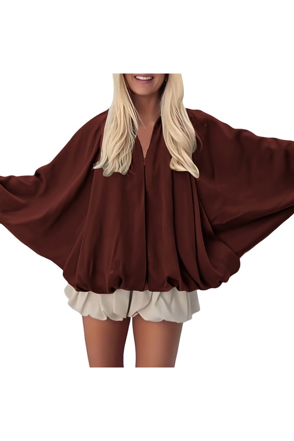 Womens Jacket, Women's Puffed Jacket Oversized Streetwear Casual Batwing Sleeve Lapel Collar Zip Front Pleated Shirts Jackets for Women Wine S