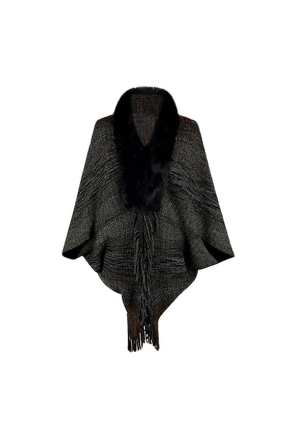 Womens Shawls, Fall Winter Striped Fringed Cape Furry Collar Knit Shawl Wraps for Women Black
