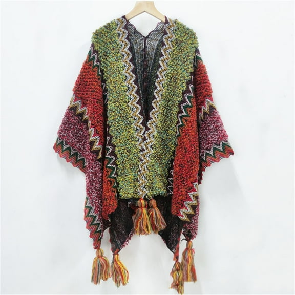Duoif Womens Shawls, Women Nationl Print Colourful Splice Poncho with Tassels Knitted Shawl Scarf Fringed Pashminas Sweater Pullover Cape Cloak Shawl Wraps for Women Watermelon Red