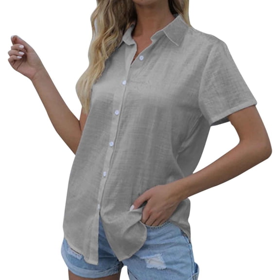 Duoif Womens Shirts Women Linen Solid Shirts Summer Casual V Neck Button down Jackets Short Sleeve Trendy Blouses Loose Fit Tunic Tops Womens Tops Casual Grey XXL