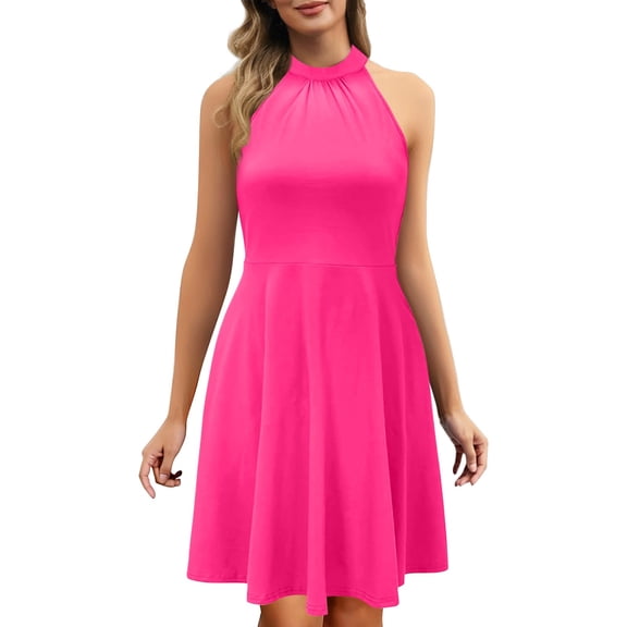 Duoif Womens Summer Dresses, Women's Summer A Line Sleeveless Boat Neck Dress Club Little Short Dresses Womens Dresses Hot Pink S