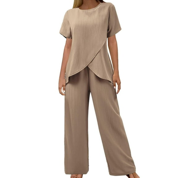 Duoif Womens Summer Outfits Women's Two Piece Outfits Irregular Short Sleeve Crew Neck Pullover Top Elastic Waist Wide Leg Pull on Pants Set with Pockets Pant Suits for Women Dressy Beige L