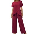 thumbnail image 1 of Duoif Womens Summer Outfits Women's Two Piece Outfits Irregular Short Sleeve Crew Neck Pullover Top Elastic Waist Wide Leg Pull on Pants Set with Pockets Pant Suits for Women Dressy Wine S, 1 of 7