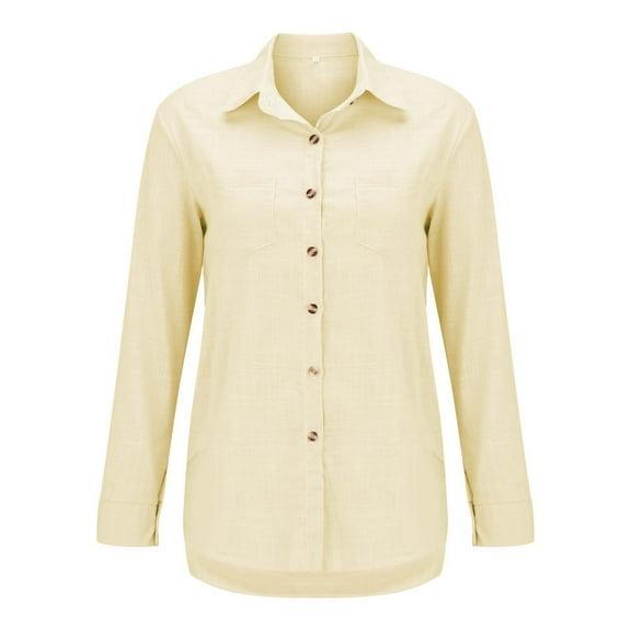 Duoif Womens Summer Tops, Ladies Casual Spring Summer Cotton Linen Lapel Tie Pocket Long Sleeve Shirts for Women Beige XL