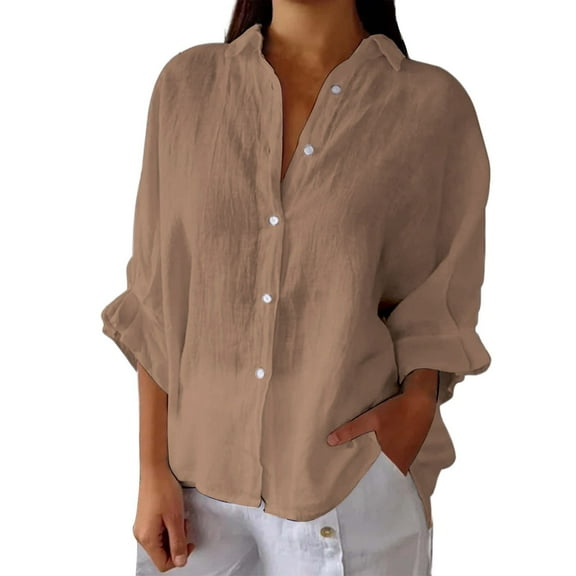 Duoif Womens Summer Tops Women's Retro Button down Shirt with Ruffled Sleeves – Soft Linen Like Fabric Regular Fit Easy Long Sleeve Shirts for Women Khaki L