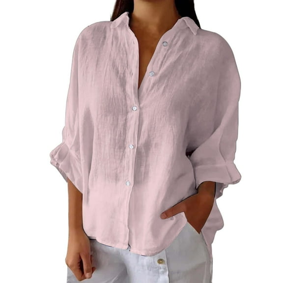 Duoif Womens Summer Tops Women's Retro Button down Shirt with Ruffled Sleeves – Soft Linen Like Fabric Regular Fit Easy Long Sleeve Shirts for Women Pink S