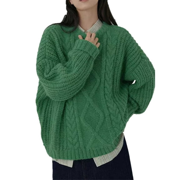 Duoif Womens Sweaters Cable Knit Sweaters Crewneck Casual Knit Pullover Sweater Long Sleeves Jumper Tops Sweaters for Women Green
