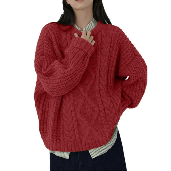 Duoif Womens Sweaters Cable Knit Sweaters Crewneck Casual Knit Pullover Sweater Long Sleeves Jumper Tops Sweaters for Women Red