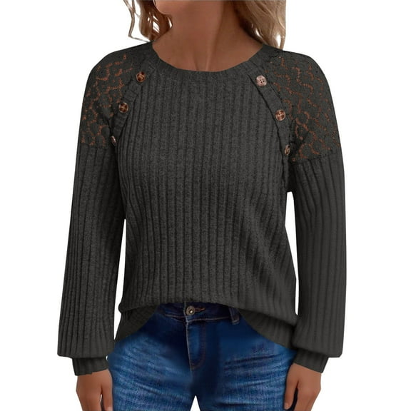 Duoif Womens Sweaters, Women Long Sleeve Shirts Lightweight Sweaters Casual Shirt V Neck Lace 2025 Fall Fashion Clothes Sweaters for Women Dark Gray M