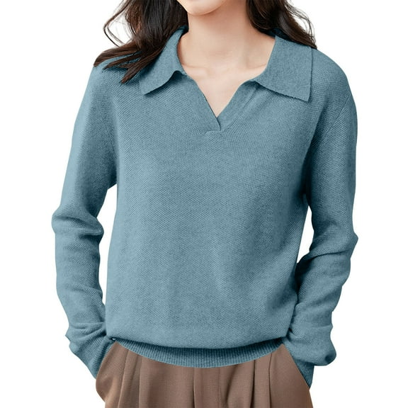 Duoif Womens Sweaters, Women's Collar Pullover Sweater - Elegant Knitted Base Layer Fall Sweaters for Women Light Blue M