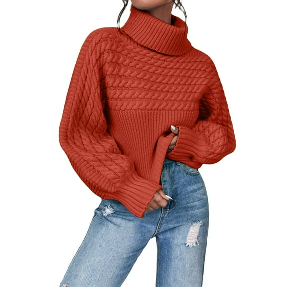 Duoif Womens Sweaters Women's High Neck Pullover - European & American Knitted Top Fall Sweaters for Women Orange L