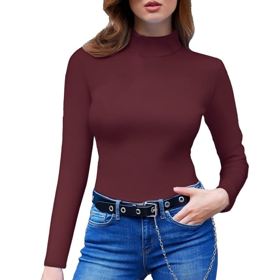 Duoif Womens Sweaters, Women's High Neck Slim Fit Top - Long Sleeve Tight Fitting Sweaters for Women Wine L