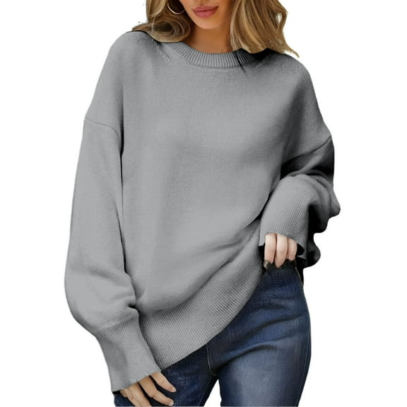 Duoif Womens Sweaters Women's Oversized Knit Sweater - Crew Neck Cozy Jumper Fall Sweaters for Women Grey S