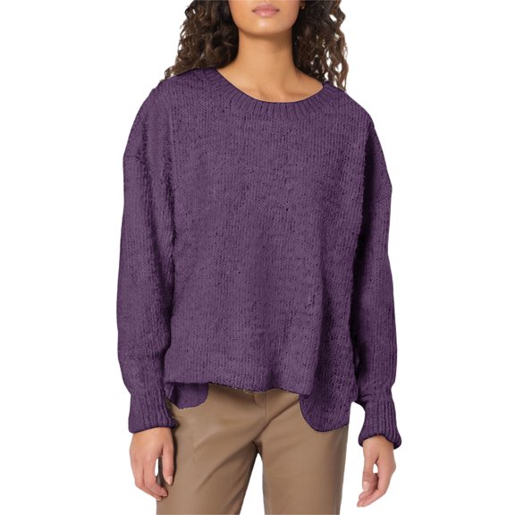 Duoif Womens Sweaters, Women's Ribbed Chunky Knit Sweatshirt - Crew Neck Fashion Sweaters for Women Purple XXL