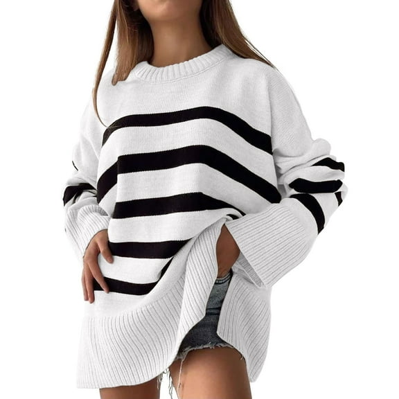 Duoif Womens Sweaters Women's Striped Round Neck Sweater - Loose Knit Winter Pullover Sweaters for Women White M