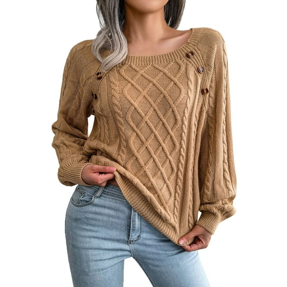 Duoif Womens Sweaters Womens Square Neck Button Cable Knit Long Sleeve Casual Loose Pullover Sweater Top Sweaters for Women Trendy Khaki L