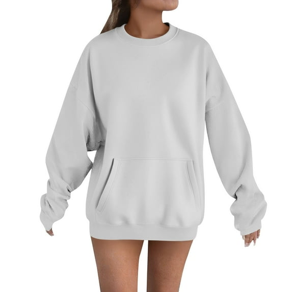 Duoif Womens Sweatshirt, Oversized Solid Color Sweatshirt with Pocket - Women's Loose Pullover Sweatshirt for Women Grey XXXL