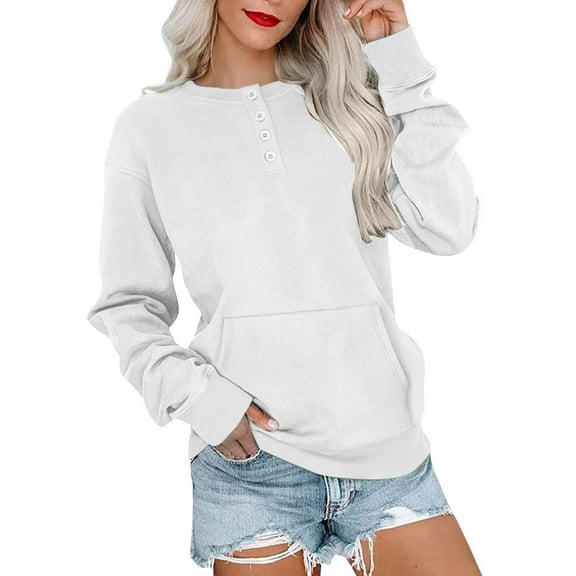 Duoif Womens Sweatshirt, Plus Size V-Neck Sweatshirt - 2025 Fall Trendy Pullover Sweatshirt for Women White L