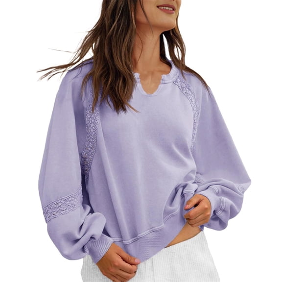 Duoif Womens Sweatshirt, Women's Cropped Lace Sweatshirt - V-Neck Loose Fall Top Sweatshirt for Women Purple S