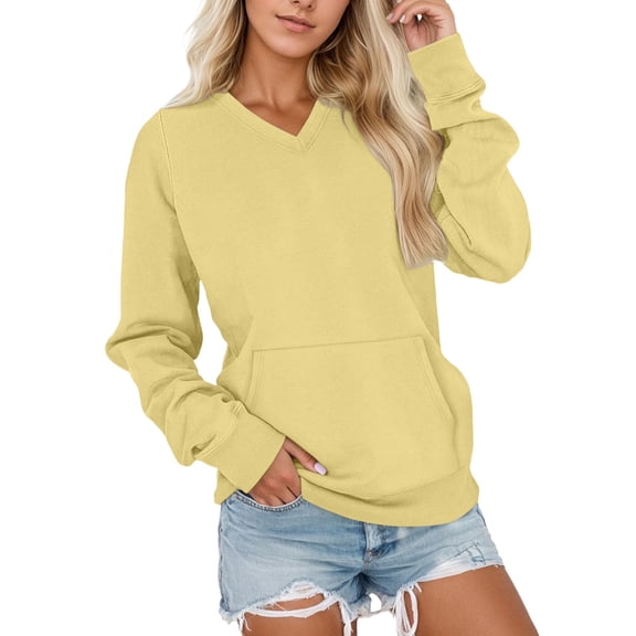 Duoif Womens Sweatshirt, Women's V-Neck Fleece Sweatshirt - Cute Oversized Winter Top Sweatshirt for Women Yellow XXL