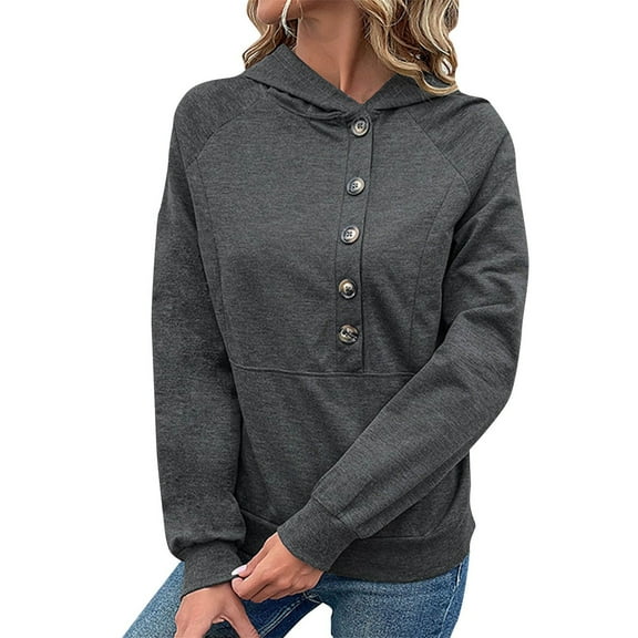 Duoif Womens Sweatshirt Womens Casual Long Sleeve Button Neck Drawstring Pullover Hoodies Sweatshirts Top Blouse Hoodies for Women Grey M